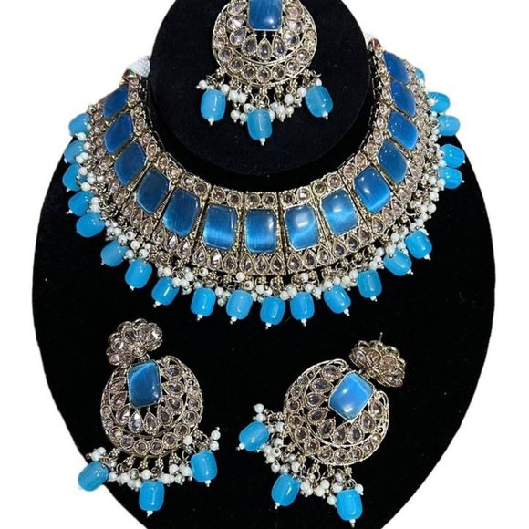 Gold Plated Crystal Stone & Beads Choker Necklace Set - Picture 1 of 7